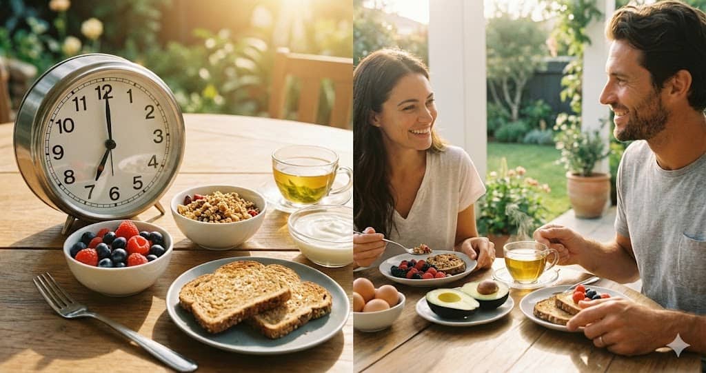 Ceas și mic dejun nutritiv, ilustrând importanța orei mesei pentru sănătate.