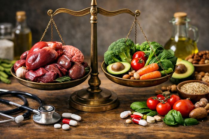 Balanță cu organe de animale și legume proaspete, stetoscop și pastile, pentru o dietă sănătoasă.