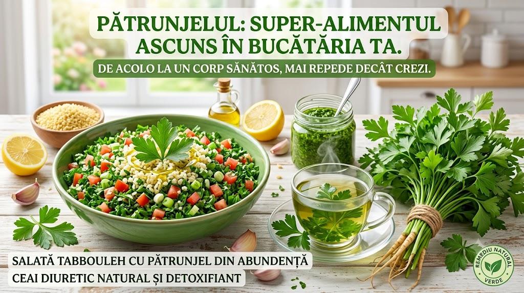 Legătură de pătrunjel verde proaspăt, salată tabbouleh și ceai infuzie de pătrunjel.