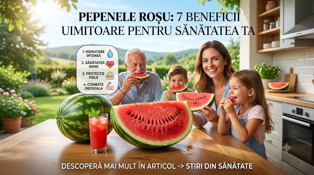 Pepene roșu zemos, pahar cu suc și o familie fericită savurând fructul într-o bucătărie luminoasă.