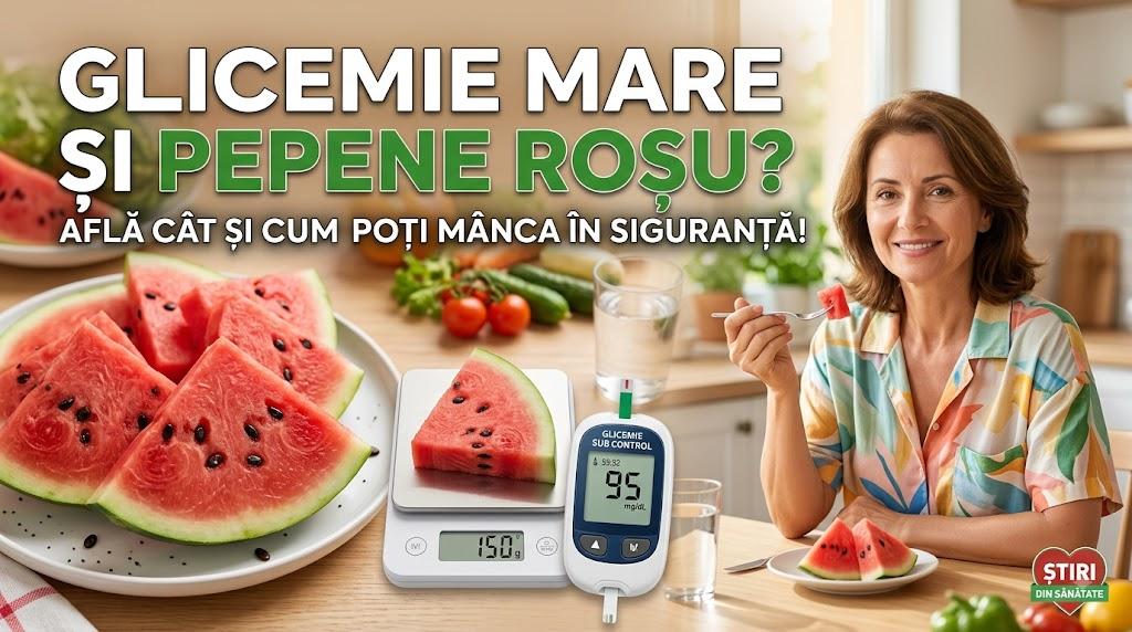 Femeie mâncând o porție de pepene roșu cântărită, lângă glucometru ce afișează o glicemie normală.