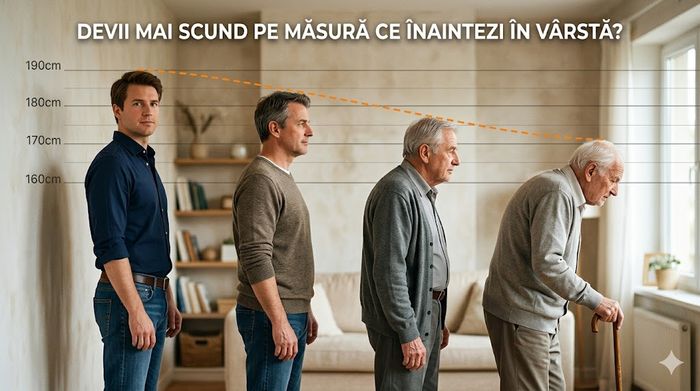 Patru bărbați de vârste diferite arătând scăderea în înălțime din cauza îmbătrânirii pe un grafic.