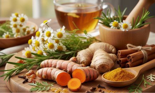 O imagine caldă și primitoare, care surprinde o selecție bogată de plante medicinale recunoscute pentru proprietățile lor antiinflamatoare. Pe o placă de lemn natural, se disting rădăcini proaspete de turmeric și ghimbir, alături de batoane de scorțișoară aromată și cuișoare. Buchețele delicate de mușețel și crenguțe de rozmarin completează tabloul, sugerând prospețimea și puterea naturii. În fundal, o ceașcă de ceai fierbinte, aburind, indică o băutură preparată din aceste ingrediente, evocând confortul și beneficiile aduse sănătății. Un mojar cu pistil, plin cu ierburi, subliniază ideea de remedii tradiționale și preparare artizanală. Lumina naturală dintr-o fereastră creează o atmosferă liniștitoare, accentuând mesajul de vindecare și echilibru prin mijloace naturale.