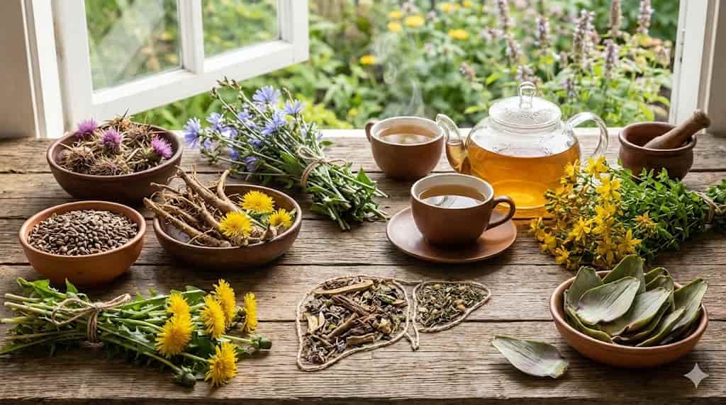 Plante medicinale pentru ceai hepatoprotector: armurariu, păpădie și anghinare pe masă de lemn.