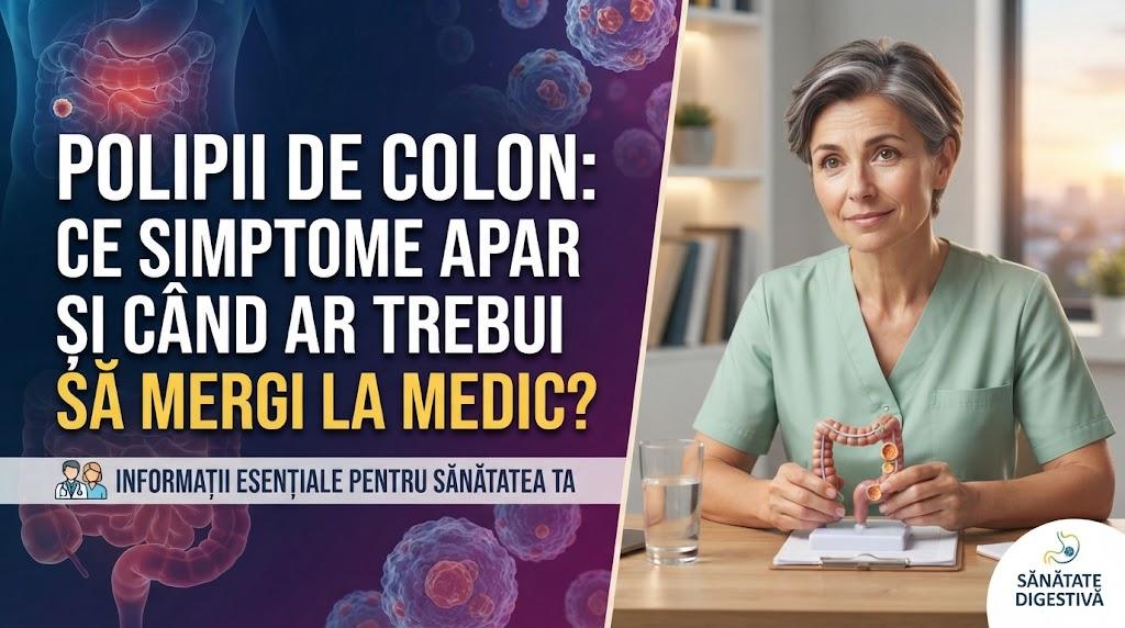 Doctoriță ținând un model de colon și explicând simptomele polipilor intestinali, text informativ în română.