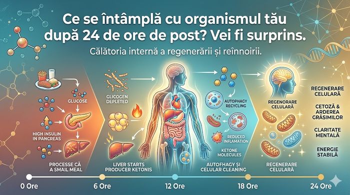 Infografic despre efectele postului de 24 de ore asupra corpului uman, regenerare și cetoză.
