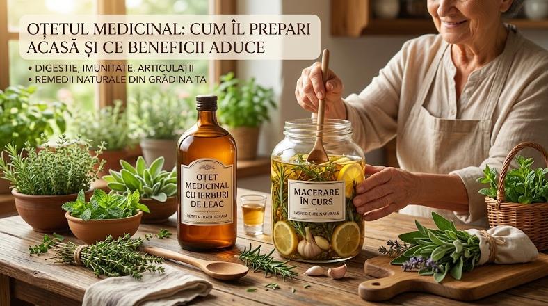 Preparare oțet medicinal de casă cu ierburi de leac, cimbru și lămâie în borcan de sticlă