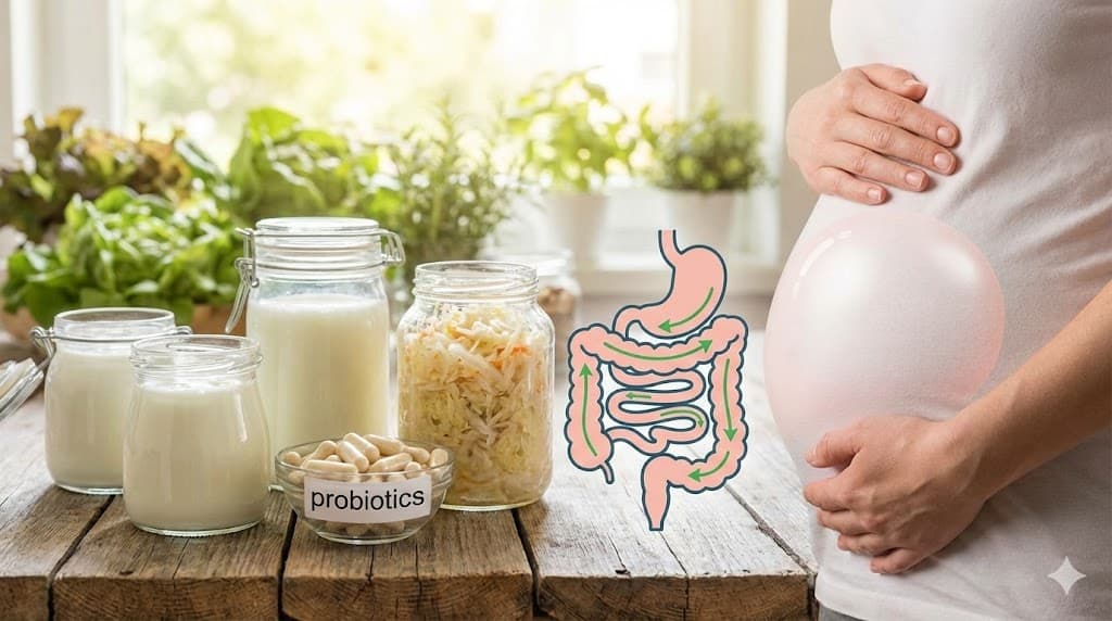 Probiotice naturale și capsule pentru sănătatea digestivă, alături de o reprezentare a balonării abdominale.