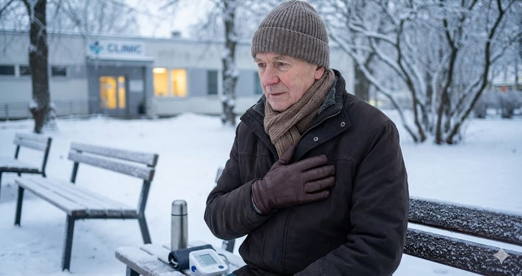 Vârstnic simțind disconfort cardiac iarna, pe o bancă lângă un tensiometru și o clinică.