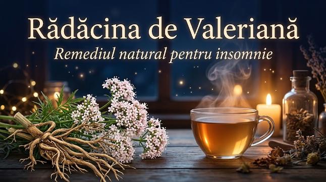 Rădăcină de valeriană și ceai cald pe masă din lemn, remediu natural pentru insomnie severă.