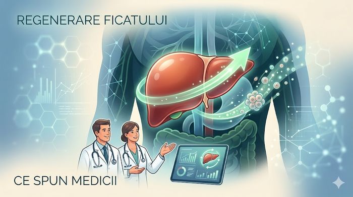 Ilustrație medicală cu medici și grafice despre regenerarea celulară și vindecarea ficatului