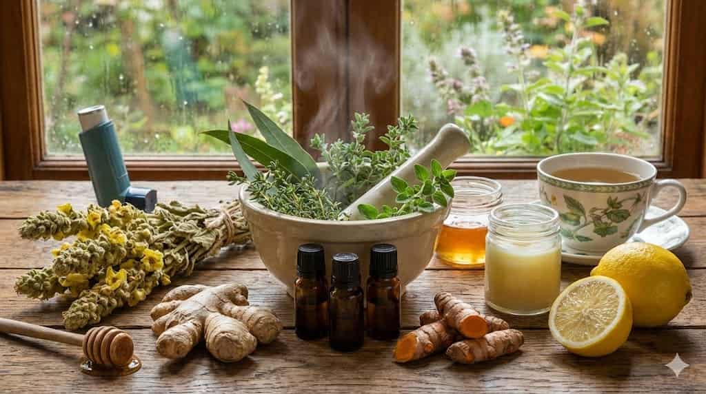 Remedii naturiste pentru lichid la plămâni: ceaiuri diuretice, ghimbir și plante medicinale pe masă.