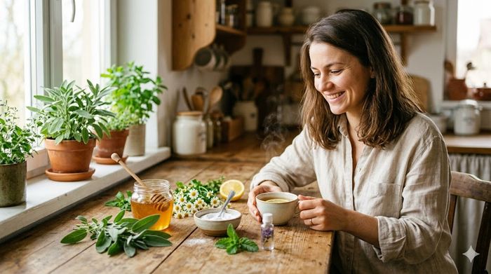 Femeie la masă cu remedii naturale pentru afte: miere, bicarbonat, salvie și mușețel.