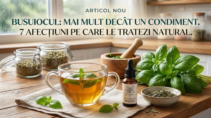 Ceai din frunze de busuioc, ulei esențial și busuioc proaspăt pentru tratamente naturiste pe o masă de lemn.