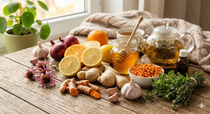 O masă din lemn plină cu remedii naturale pentru imunitate: ghimbir, turmeric, lămâi, portocale, miere, cătină, usturoi, ceapă, echinacea și ceai din plante, lângă o fereastră luminoasă.