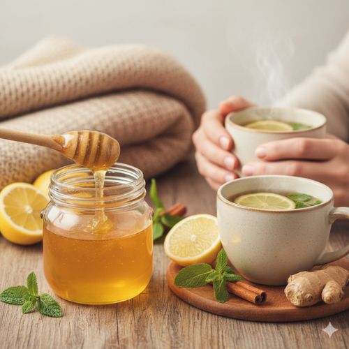 O imagine caldă cu miere aurie care curge dintr-un polonic de lemn într-un borcan de sticlă, alături de căni cu ceai fierbinte cu lămâie, ghimbir și mentă, sugerând remedii naturale pentru răceală.