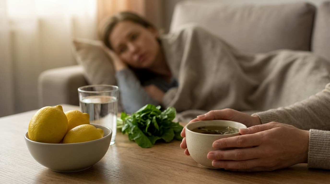 Femeie răcită și remedii naturale: ceai, lămâi și hidratare pentru tratarea gripei acasă.