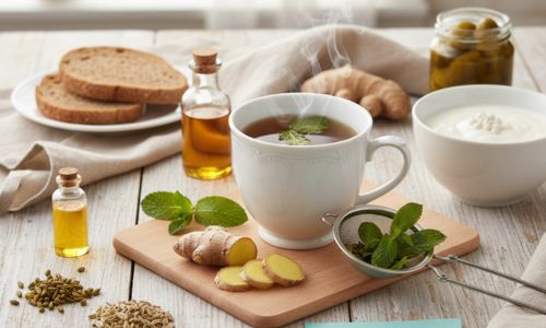 Această imagine evocă o atmosferă de liniște și sănătate digestivă, ilustrând o selecție de remedii naturiste menționate în articol. În centrul atenției se află o cană de ceai aburind, cu frunze proaspete de mentă, sugerând efectele calmante și carminative. Alături, se disting rădăcini proaspete și felii de ghimbir, recunoscute pentru proprietățile lor anti-greață și de accelerare a digestiei. Diverse semințe de fenicul, chimen și cardamom sunt aranjate armonios, subliniind rolul condimentelor în ameliorarea balonării. Imaginea este completată de elemente ce sugerează o dietă echilibrată și o stare generală de bine: o pâine integrală, oțet de mere, un bol cu iaurt și o notiță