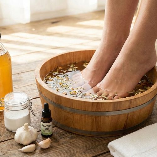 Picioare într-un lighean de lemn cu apă și ierburi, alături de ingrediente naturiste precum oțet, usturoi, bicarbonat de sodiu și ulei de arbore de ceai, folosite pentru tratarea ciupercii piciorului.