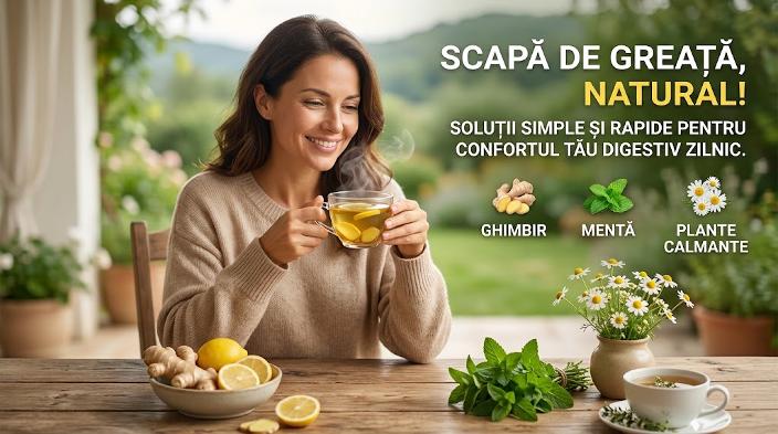Femeie zâmbind cu ceai cald, ghimbir, lămâie și mentă pentru calmarea stărilor de greață și digestie.