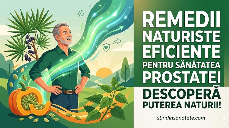 Bărbat sănătos lângă plante medicinale (palmier pitic, dovleac, urzică), cu textul