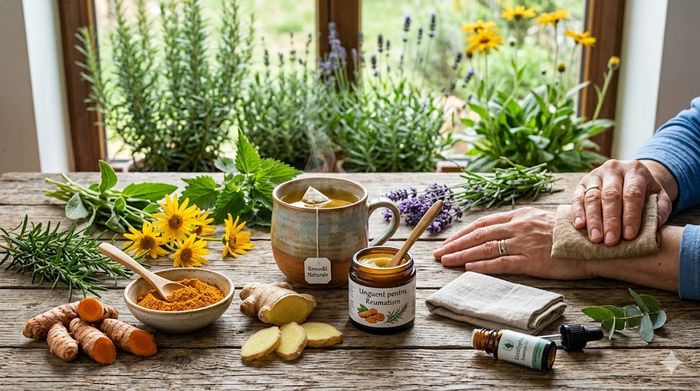 Remedii naturale pentru dureri de reumatism: turmeric, ghimbir, unguent și plante medicinale.