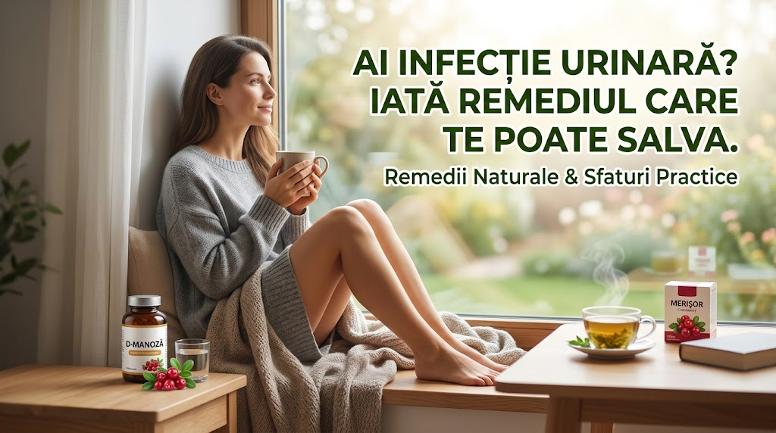 Femeie relaxată cu ceai cald și remedii naturale de merișor și D-manoză pentru infecția urinară.