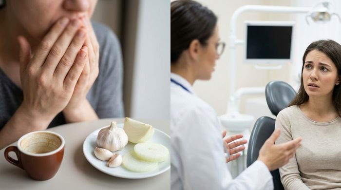 Cauze halitoză: cafea, usturoi, ceapă. Femeie la consult medical pentru respirația urât mirositoare.