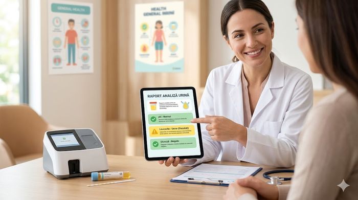 Medic explicând pe tabletă rezultatele analizei de urină.