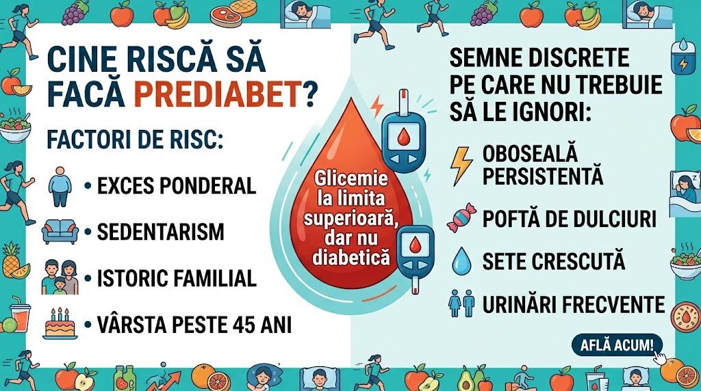 Infografic prediabet: factori de risc (obezitate, sedentarism) și simptome (oboseală, sete).