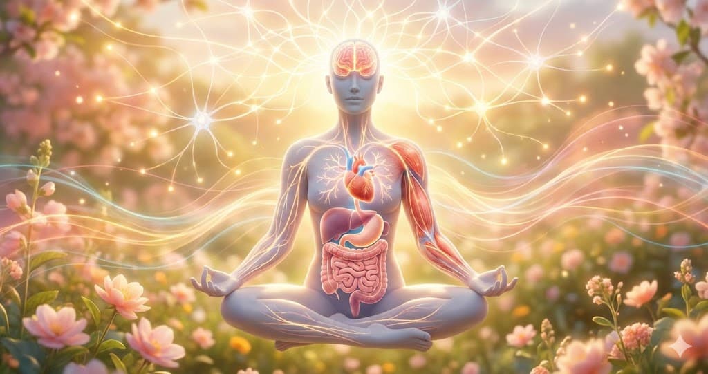 Ilustrație cu rolul serotoninei în organism și conexiunile sistemului nervos.