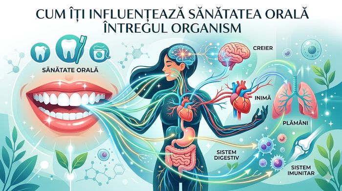 Ilustrație cu impactul sănătății orale asupra organelor vitale: inima, creierul, plămânii.