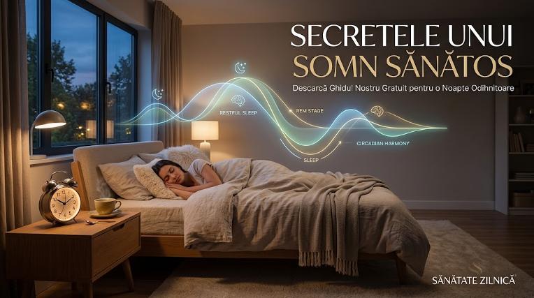 Femeie dormind liniștită în dormitor și grafic luminos cu fazele unui somn sănătos.