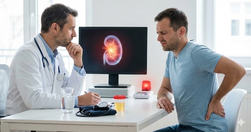 Medic explicând pacientului cu dureri lombare primele semnale ale problemelor renale.