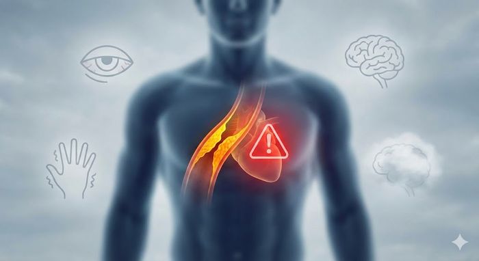 Ilustrație medicală stilizată a toracelui uman, evidențiind o arteră blocată de plăci galbene de colesterol care duce la o inimă marcată cu un semnal de avertizare roșu. În jurul figurii sunt pictograme care sugerează simptome adesea ignorate: probleme de vedere, amorțeala mâinilor, riscuri neurologice și ceață mentală.
