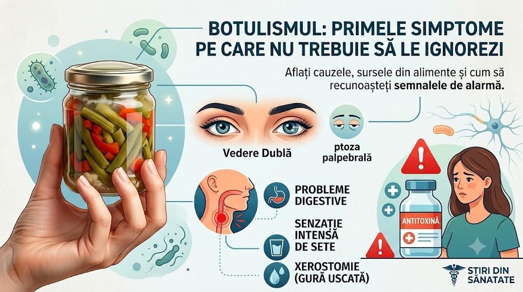 Infografic despre botulism: simptome, cauze alimentare (conserve) și tratament cu antitoxină.