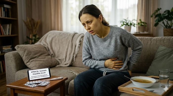Femeie suferindă pe canapea, cu mâna la abdomen, sugerând semne de hepatită acută.