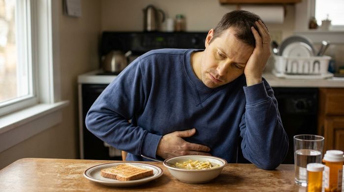 Bărbat cu dureri abdominale, greață și oboseală la masă, posibile simptome de hepatită.