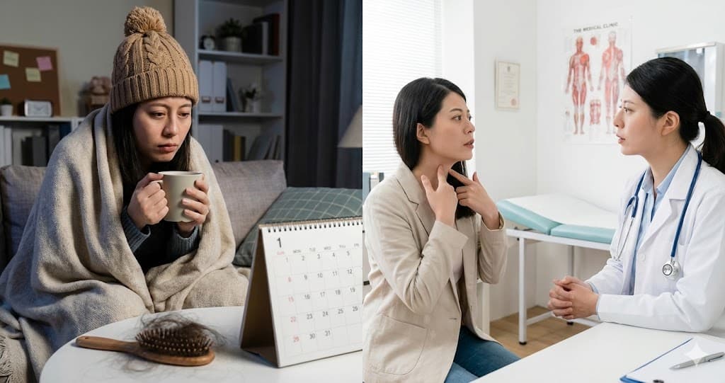 Femeie cu simptome de hipotiroidie (frig, oboseală, cădere păr) și la medic arătând zona gâtului.