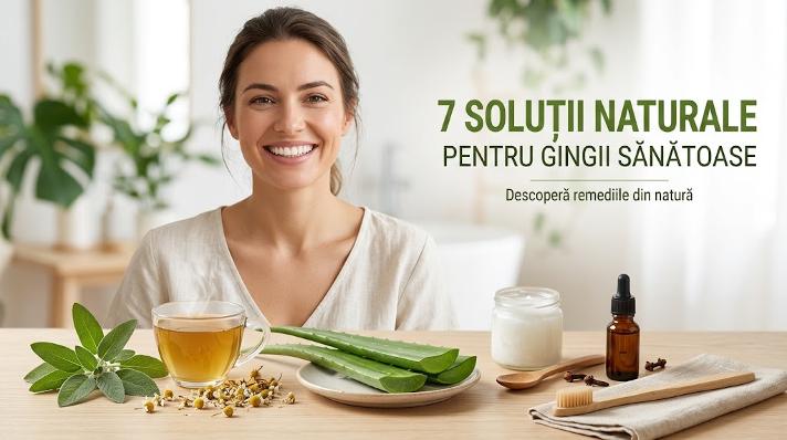 Femeie zâmbind lângă plante și remedii naturale pentru îngrijirea gingiilor.