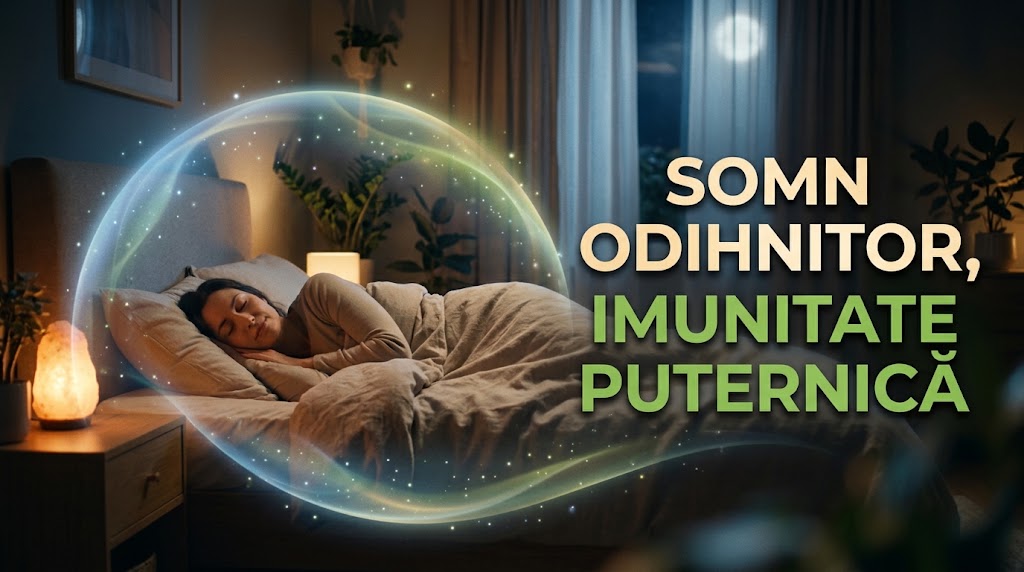 Femeie care doarme protejată de un scut luminos reprezentând un sistem imunitar puternic prin somn.