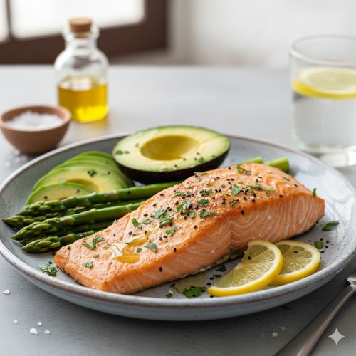 Porție apetisantă de somon la grătar cu sparanghel, felii de avocado și lămâie, servită alături de un pahar cu apă.