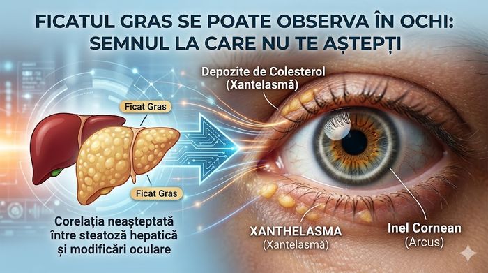 Ochi cu xantelasmă și ilustrație ficat gras pentru semnele oculare ale steatozei hepatice.