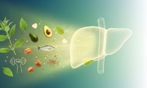 Imaginea surprinde metafora vindecării ficatului gras prin stil de viață, ilustrând un ficat stilizat, strălucitor și sănătos, alimentat de elemente cheie ale unei vieți echilibrate: plante medicinale (armurariu, mentă), alimente nutritive (avocado, pește, nuci, orez integral) și simboluri ale activității fizice (gantere). Particulele luminoase sugerează procesul de detoxifiere și regenerare.