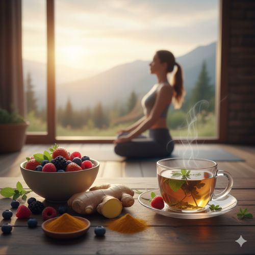 O femeie practicând yoga într-o cameră luminoasă, cu un peisaj montan la apus în fundal. Pe o masă în prim plan se află un bol cu fructe de pădure proaspete, rădăcină de ghimbir, praf de turmeric și o ceașcă de ceai fierbinte de plante. Toate acestea simbolizează un stil de viață sănătos și tratamente naturiste pentru articulații.