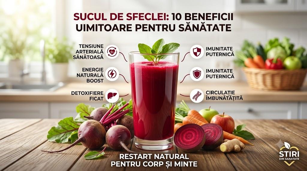 Pahar de suc de sfeclă roșie proaspăt și infografic cu beneficiile pentru sănătate și energie.