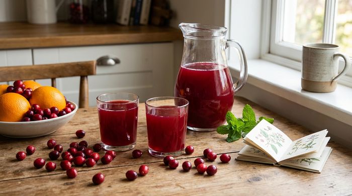 Suc natural de merișoare în pahare și carafă pe o masă din lemn, cu fructe proaspete.