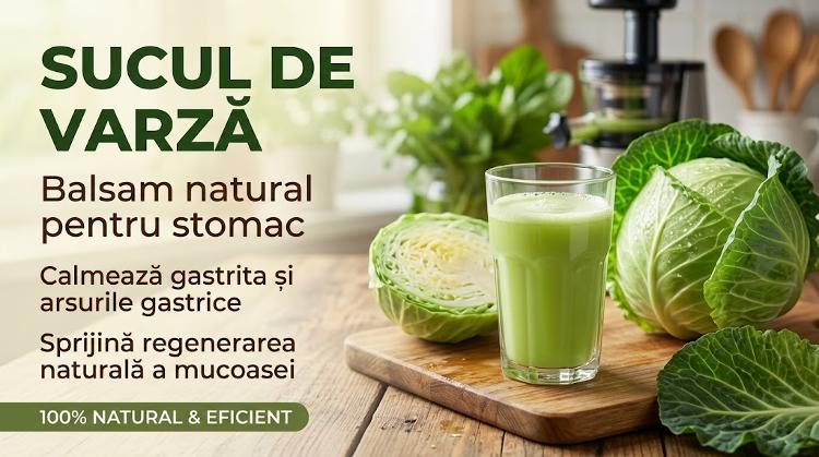 Pahar cu suc proaspăt de varză pentru sănătatea stomacului și calmarea gastritei.