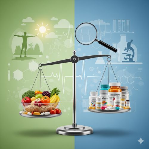 O balanță în echilibru, cu un taler plin de fructe, legume, cereale și nuci, simbolizând o dietă naturală, și celălalt taler cu diverse flacoane de suplimente alimentare. Pe fundal, elemente grafice sugerează sănătatea, natura, cercetarea științifică și decizia informată.