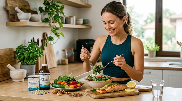 Femeie mâncând somn cu salată, alături de suplimente de Omega 3 pe masă.